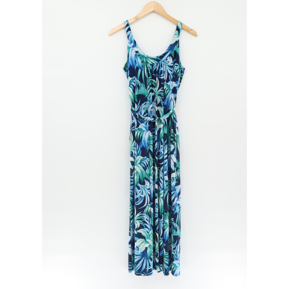 Tommy Bahama Sz S Tropical Leaves Maxi Dress Blue Sleeveless Stretch Belt - Picture 3 of 5